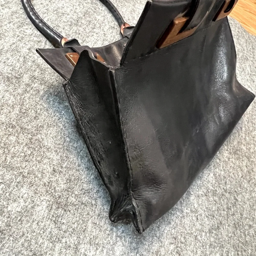 Francisco Mondet Leather and Wood Tote Bag Purse Large Designer Handmade Fashion